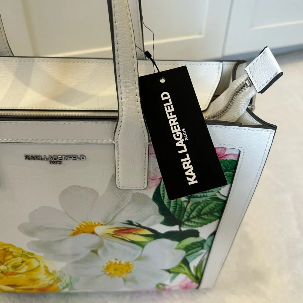 *New* Karl Lagerfeld Paris Floral Printed Tote Bag White Sunflower - Picture 6 of 17